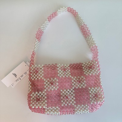 NWT Kimchi Blue Pink/White Beaded and Bows Gingham Checked Baguette Bag