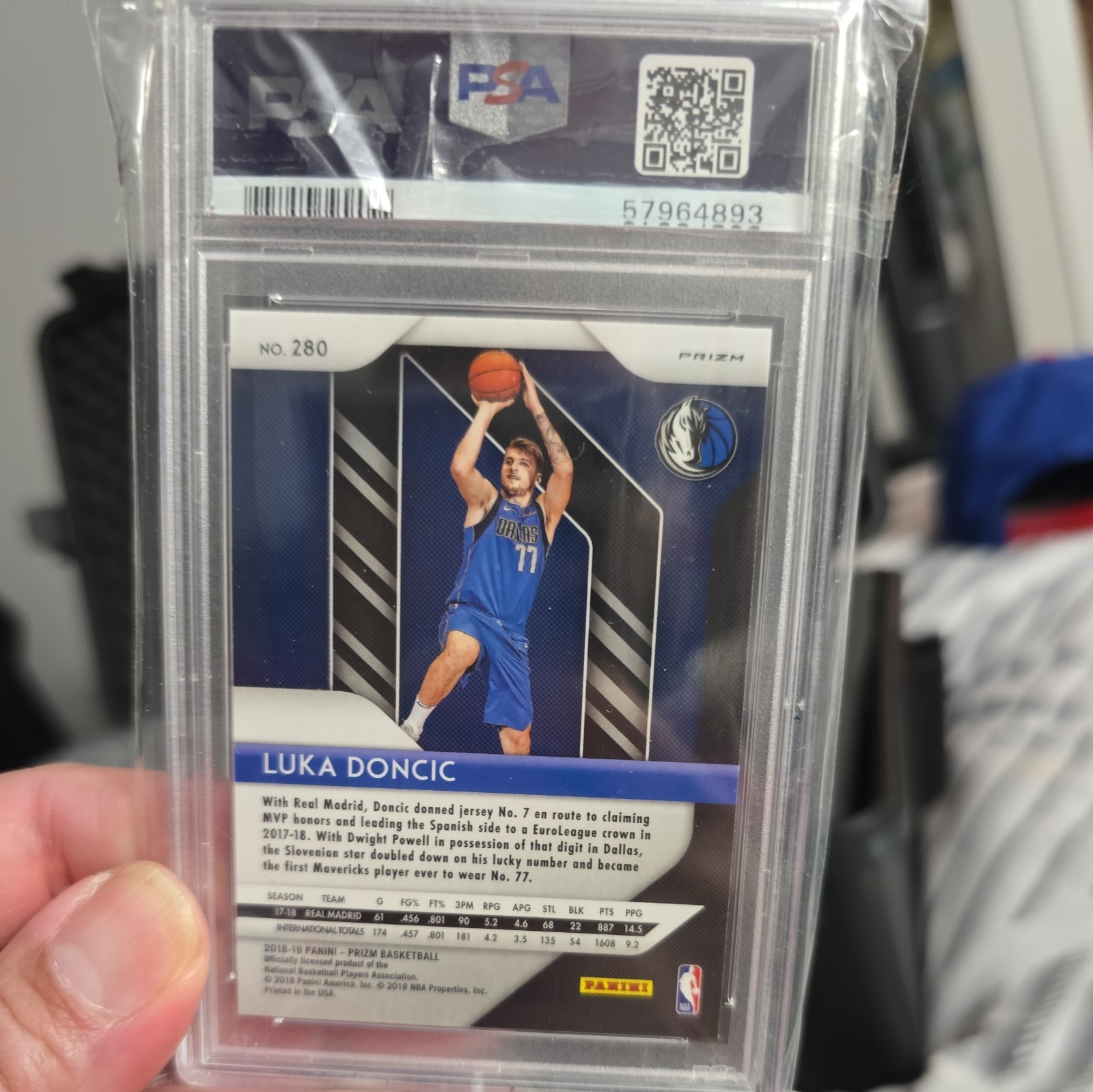 2018-19 Prizm Luka Doncic Ruby Wave Prizm Rookie RC #280 PSA 9 Mavericks B747 view 2