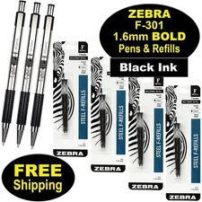 Zebra F-301 Bold 1.6mm, Black Ink, 3 Pens With 4 Packs of Refills