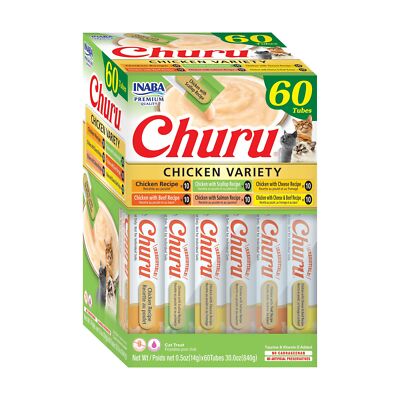INABA Churu Cat Treats, Grain-Free, Lickable, Squeezable Creamy Purée Cat Tre...