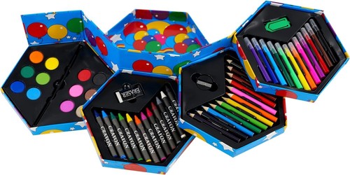 Childrens 52 Pcs Craft Art Artists Set Hexagonal Box Crayons Paints Pens Pencils - Picture 2 of 9