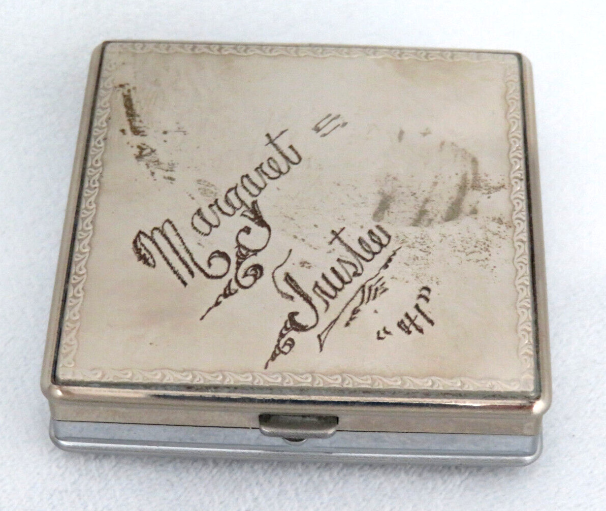 Vintage  Powder Compact w/ Mirror ~ Guiloche Style ~ Name Engraved & Dated 1941
