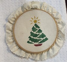 Vintage Hand Painted Christmas Tree on Needlepoint Canvas Embroidery Ring Framed