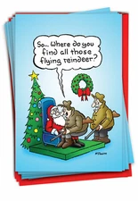 12 Funny Christmas Cards (1 Design, 12 Cards) - Hunter Flying Reindeer