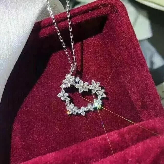 2.00Ct Round Cut Real Moissanite Heart Pendant 14K White Gold Plated Silver