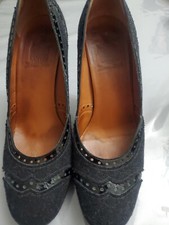LANVIN Charcoal Gray Wool Perforated Black Patent Brogue Platform Pumps Heel 38