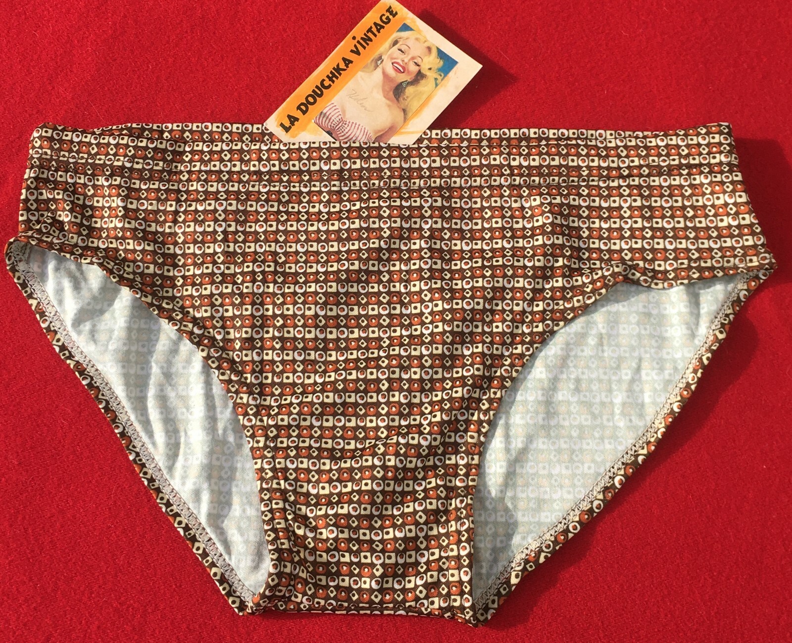 FRENCH 1970s MEN LOW RISE SWIMWEAR BRIEFBROWN GEOMET… Gem