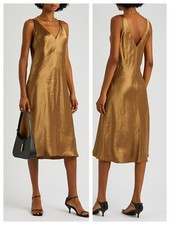 Vince Women Satin Double V-Neck Crinkled Design Midi Sleeveless Dress S 395 NWT