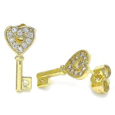 14K GOLD PLATED STUD EARRING HEART AND KEY DESIGN WITH WHITE MICROPAVE CZ LM314
