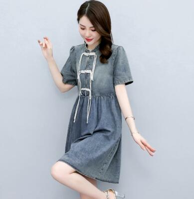 chinese style denim dress Women Fashion Retro Chinese Style Short Sleeve A-line Dress Summer Denim  Dress