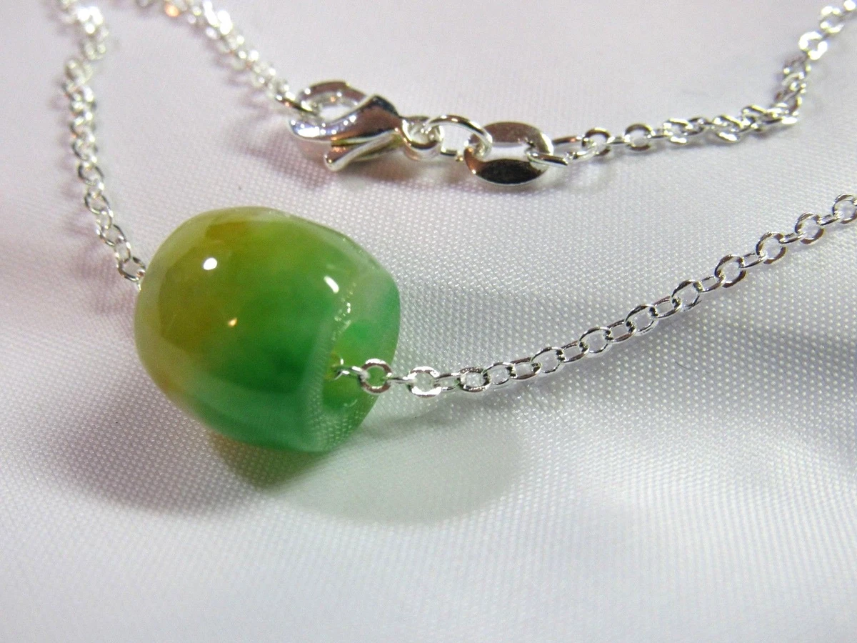 NATURAL GREEN HONEY Jade Carved Lucky Barrel Pendant Sterling Silver Necklace