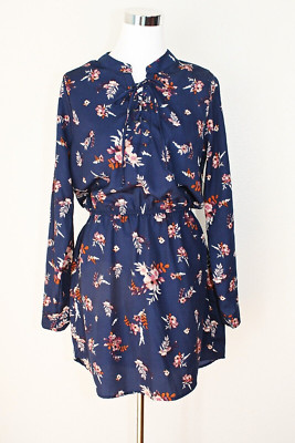 NWT JASTIFY Y2K Dress Sz. M Hi-Low Dark Blue Floral Front Lacing City Casual #02