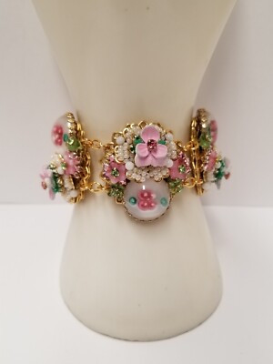 Stanley Hagler Ian St Gielar Vintage Painted Flower Pink & White Beaded Bracelet