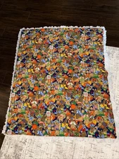 Vintage Teddy Bear Baby Crib Quilt Blanket Ruffled Lace Colorful 48x41 Thick