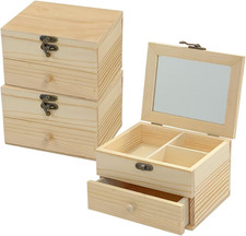 3 Pack Unfinished Wooden Jewelry Box 6X4.7X4 In Natrural Wood Surface Chest wi