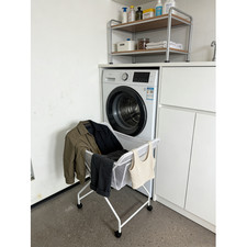Laundry Trolley Foldable Tubular Steel 87x56x56cm White 4 Swivel Castors Pocket