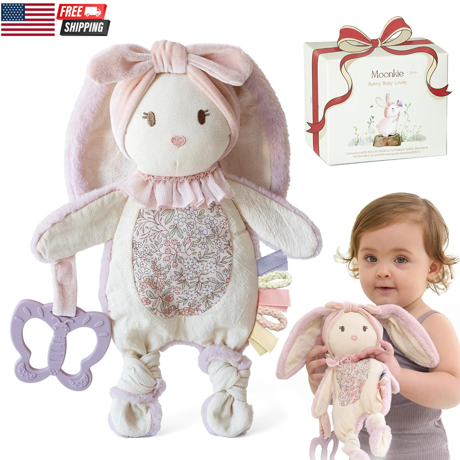 Baby Lovey with Silicone Teether, Bunny Security Blanket with Textured Ribbons,