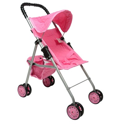 20.5 Inch Pink Quilted Doll Stroller with Hood Seat Belt and Basket for 18 In...