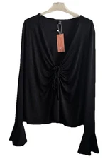 Shein Curve Top Black 3 Front Ties Long Bell Sleeves Semi See Through Size 4XL