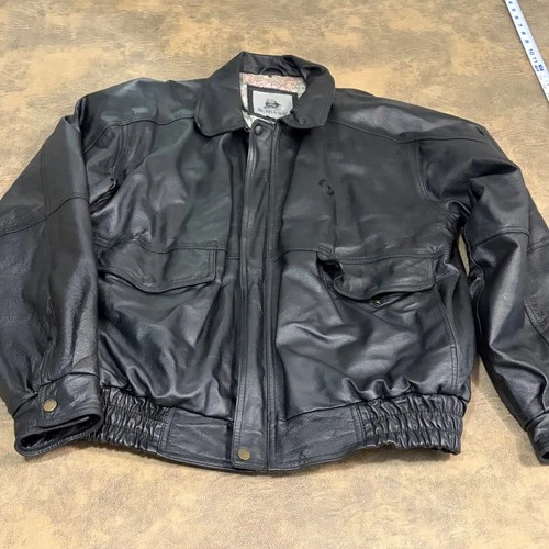 Burk's Bay BP Logo Leather Bomber Jacket Mens Large Black Flight Map Lining - product listing photo