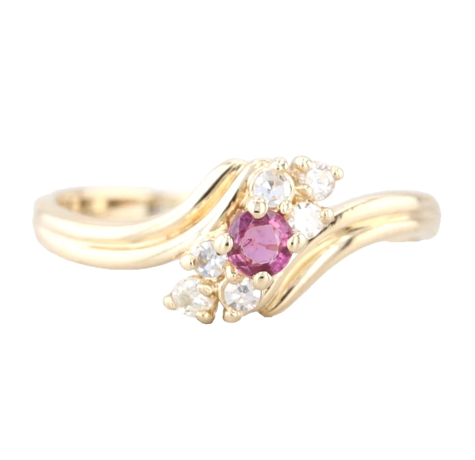14k Yellow Gold 0.24 ctw Round Red Ruby and Diamonds Bypass Style Wedding Ring - Image 3 of 4