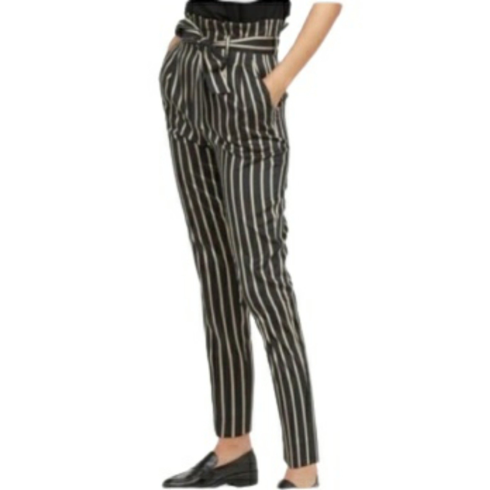 NEW Paperbag High Rise Belted Striped Ankle Pants by H&M Size 6 Navy Blue White