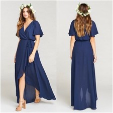 show me your mumu sophia wrap maxi dress in rich navy crisp chiffon women small