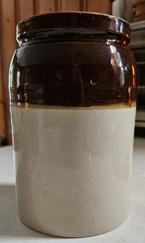 Vintage 8"  T Brown & Beige Stoneware Pottery  Crock Jar with Lid, 2-Piece Set