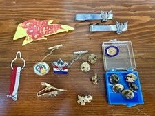 Mixed lot of mostly BSA pins, 2 Eagle tie clip, Shiff bolo tie, FSR post card