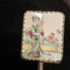 Vintage JAPANESE HAND MIRROR with JADE HANDLE Hand Painted Porcelain Top — photo 2