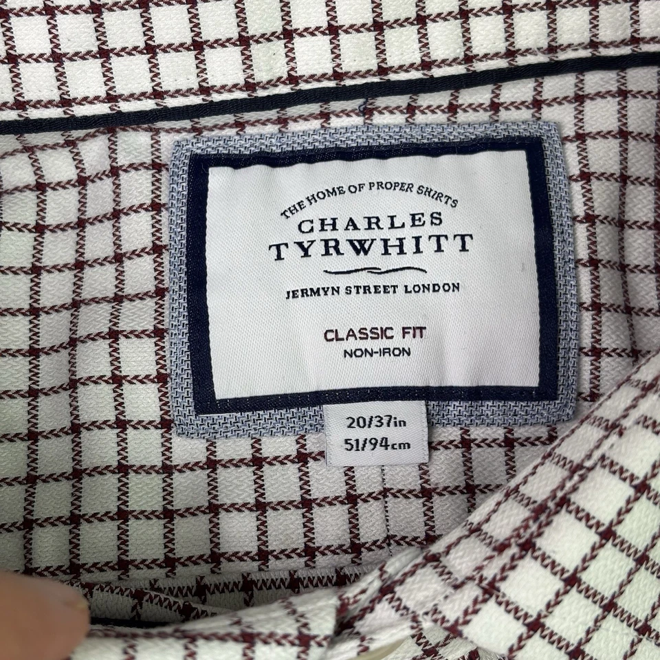 Charles Tyrwhitt Shirt Mens 20/37 White Red Plaid Button Up Dress Classic Fit - Image 4 of 4