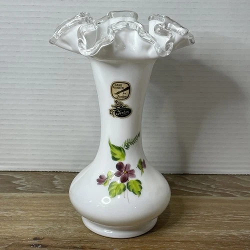 Violets In The Snow Fenton Silver Crest 8" Milk Glass Bud Vase Handpainted