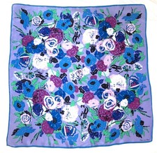 Large Oscar de la Renta Lavender Ikat Floral Silk Scarf Blue Purple White Rose