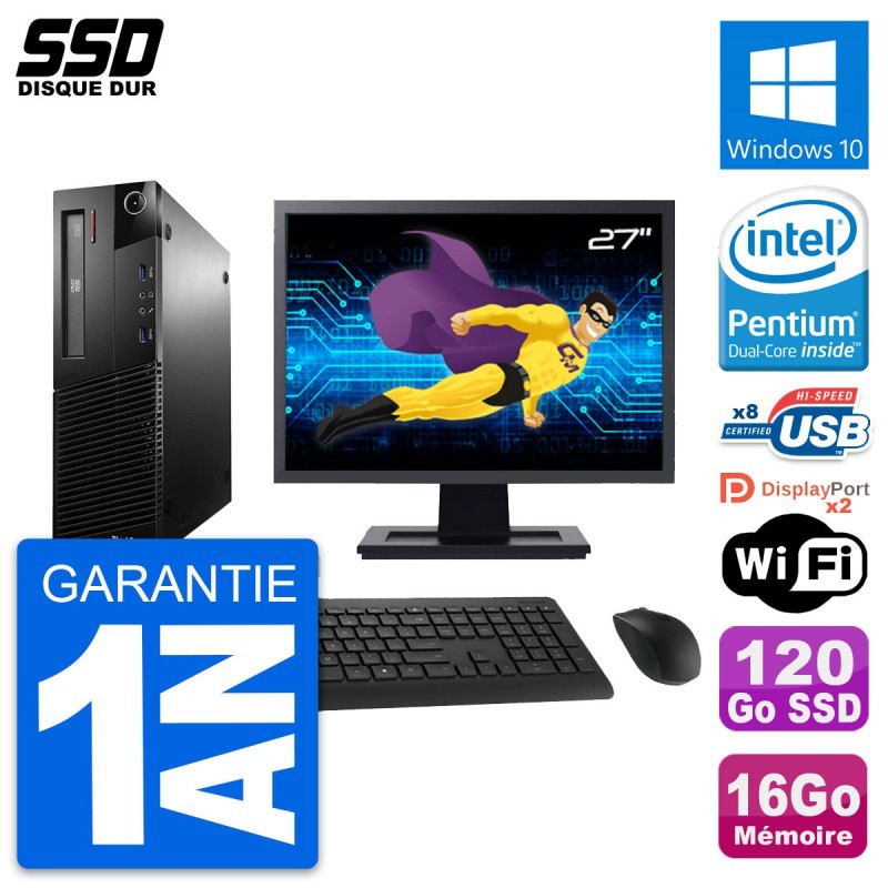 PC Lenovo M93p SFF Ecran 27" Intel G3220 RAM 16Go SSD 120Go Windows 10 Wifi