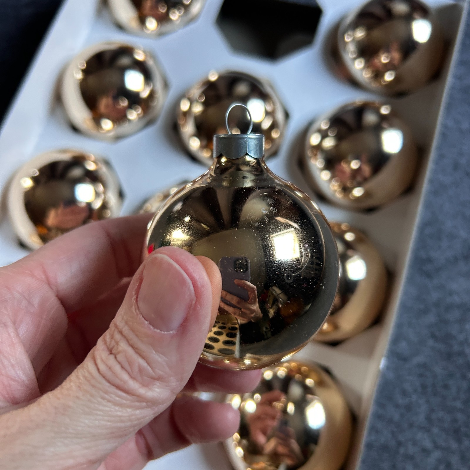 VTG Rauch Box of 15 Gold Ball Glass Bulb Christmas Ornaments Made in USA Kmart