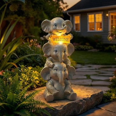 Solar Elephant Garden Statue with Lighted Welcome Sign for Outdoor Decor