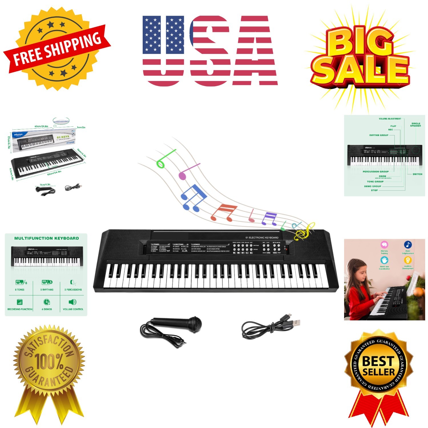 Kids Music Keyboard, 61-Key Portable Electronic Piano Toy wi