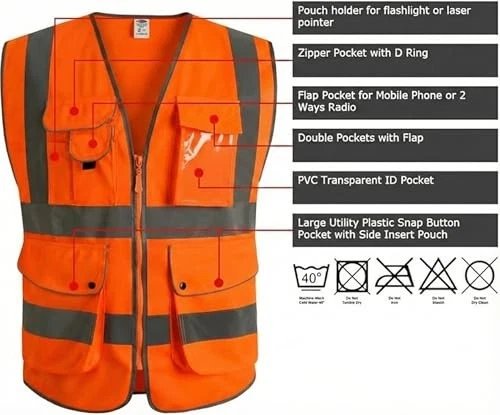 High Visibility Safety Vest Class 2, Reflective Neon Orange, 9 Pockets ANSI image 3