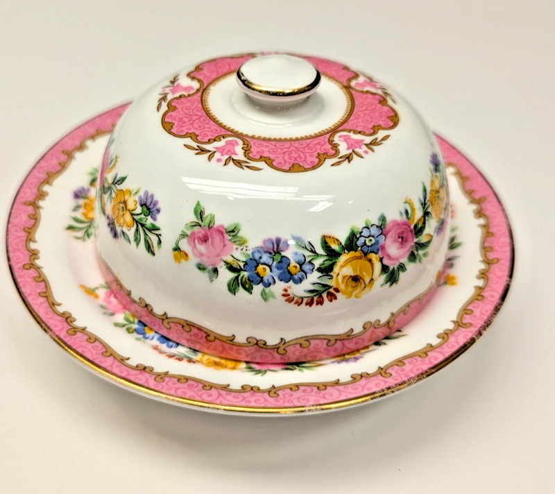 Crown Staffordshire Butter Dish Dome Flowers Petite Floral Collectible