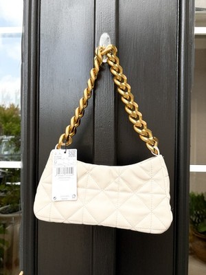 NWT Mango Purse Cream Quilted Gold Chain Handbag 37040048 Faux Leather