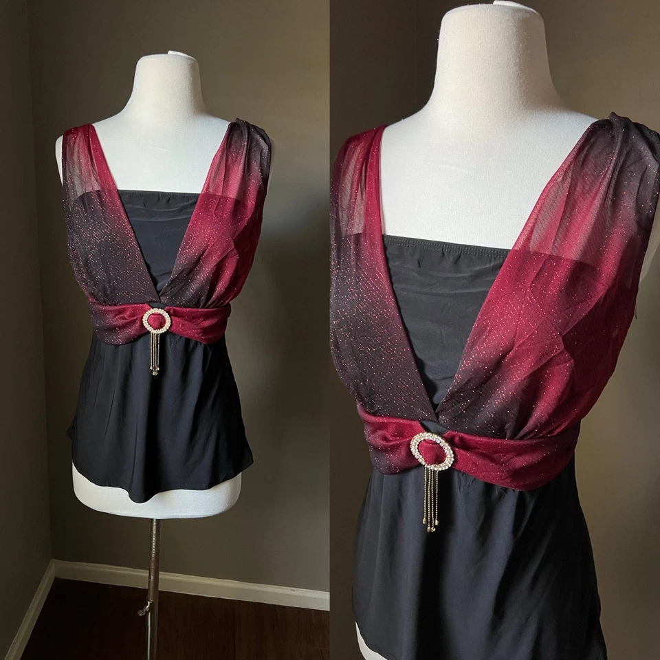 Vintage Y2K Tank Top XL Black Red Glitter Mesh Layered Rhinestone Buckle Goth - Image 2 of 4