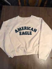 American Eagle Crewneck M Sweatshirt Crop Oversized Cream Retro Raised Logo