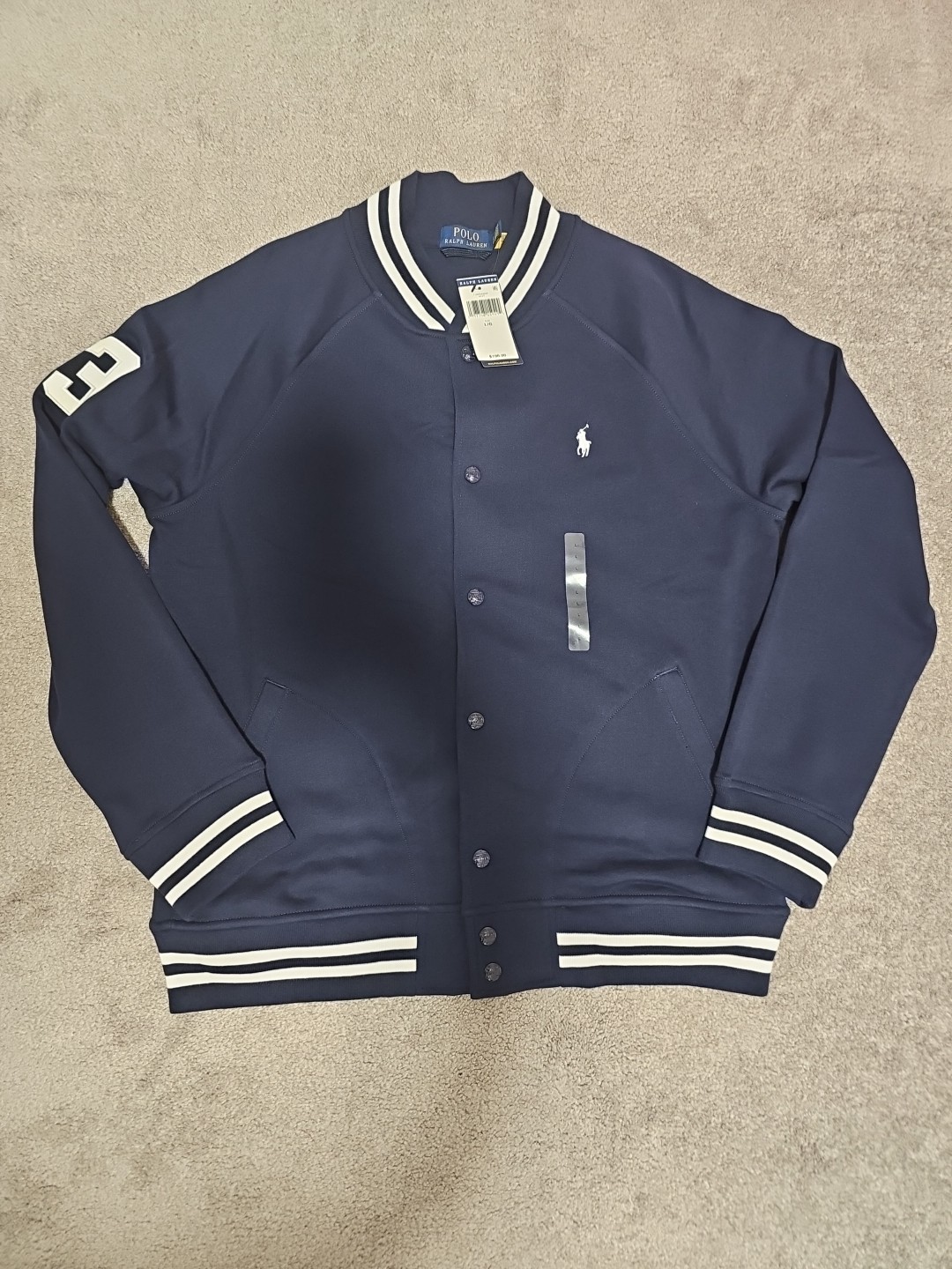 Polo Ralph Lauren Tripple Pony Varsity giacca da baseball in pile grande blu navy nuova con etichette
