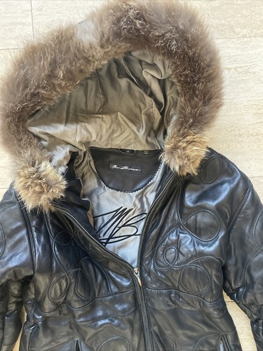 Chaqueta de cuero con capucha Marc Buchanan para mujer 14 negra bordada con ribete de piel - Imagen 3 de 12