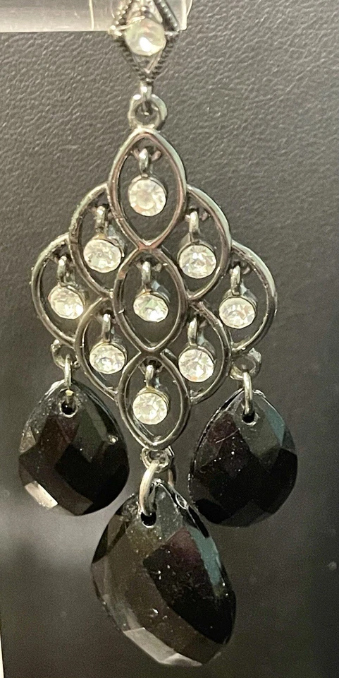 White House Black Market WHBM Earrings Chandelier Drop Black Bead Crystal 3" - Image 2 of 4
