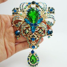 Fashion Jewelry Luxury 5.12" Flower Pendant Brooch Pin Green Rhinestone Crystal
