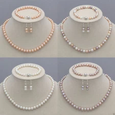 7-8mm Real Natural Freshwater Pearl Necklace Bracelet Earrings Jewelry Set