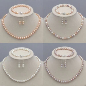 7-8mm Eau douce naturelle réelle Pearl Collier Bracelet Boucles d'oreilles Ensemble de bijoux