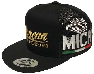 MICHOACAN FUERTE Y PODEROSO MEXICO HAT 2 LOGOS [MICH] BLACK MESH TRUCKER