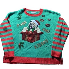 Its Our Time Ugly Christmas Dog Sweater Women LG Pug Hugs Kisses Gift Sequin